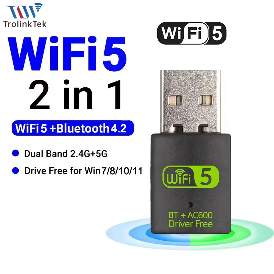 

600Mbps WiFi USB Adapter Bluetooth 4.2 Dual Band 2.4G/5GHz USB Network Card Wireless Receiver For Win 7/8/10/11 Driver free