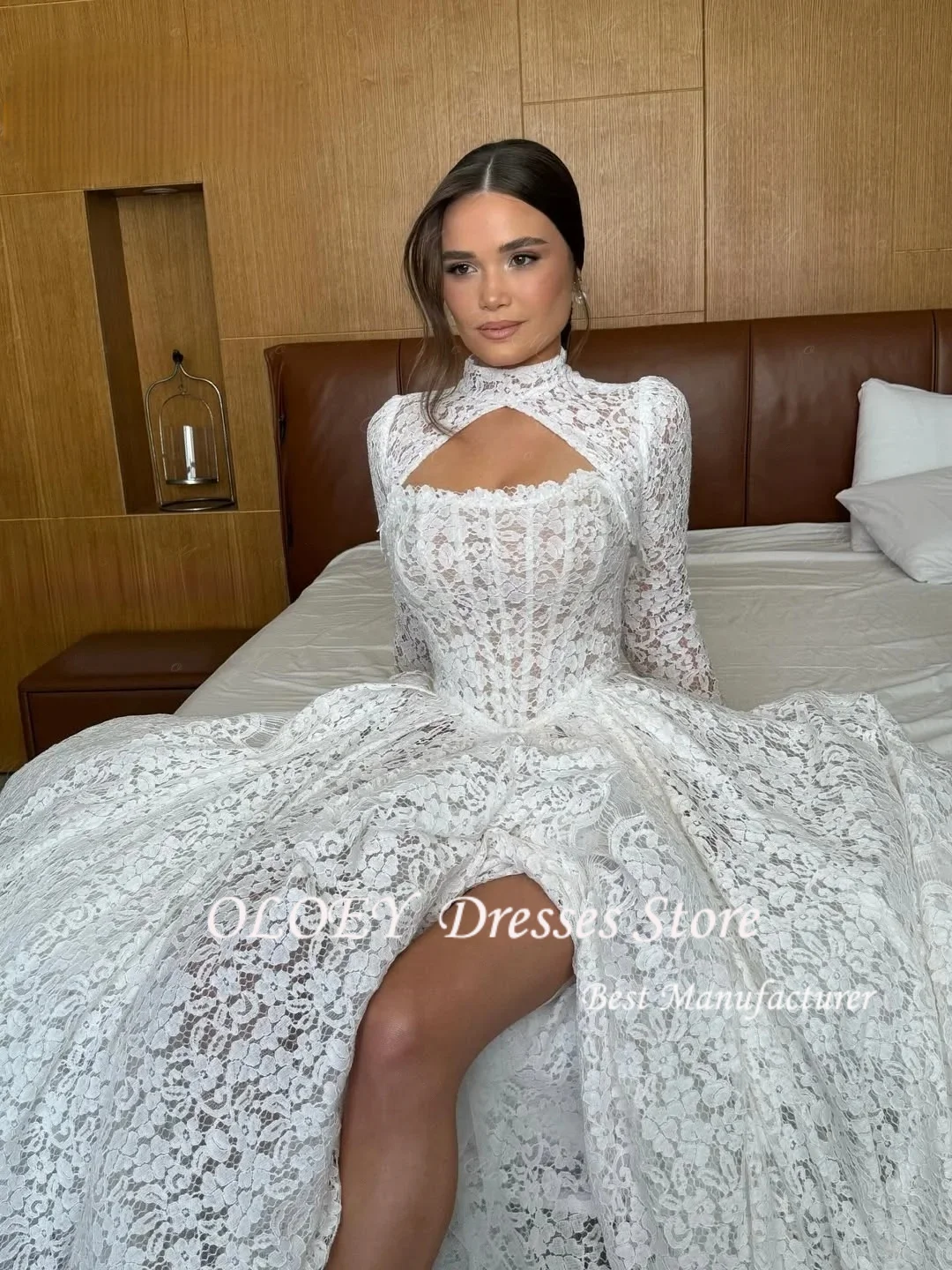 OLOEY, vestido de noche elegante personalizado hasta el suelo con mangas de encaje, vestido de novia de alta calidad, vestido de fiesta nupcial con cuentas de temperamento