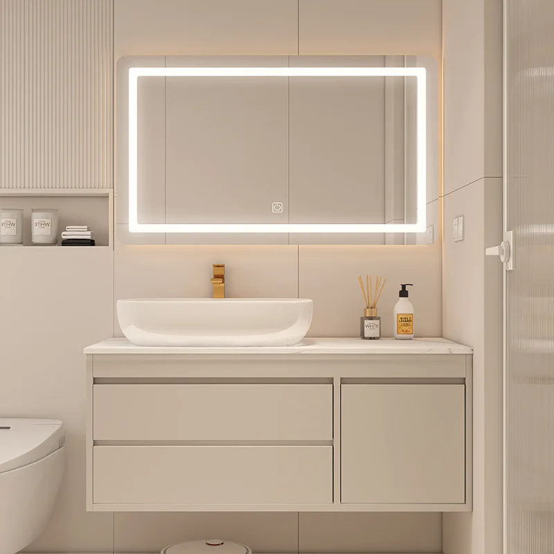 

Modern Bathroom Vanity Ceramic Basin Top Sink Cabinet Under Basin Freestanding Storage with Adjustable Shelf Bathroom Furniture