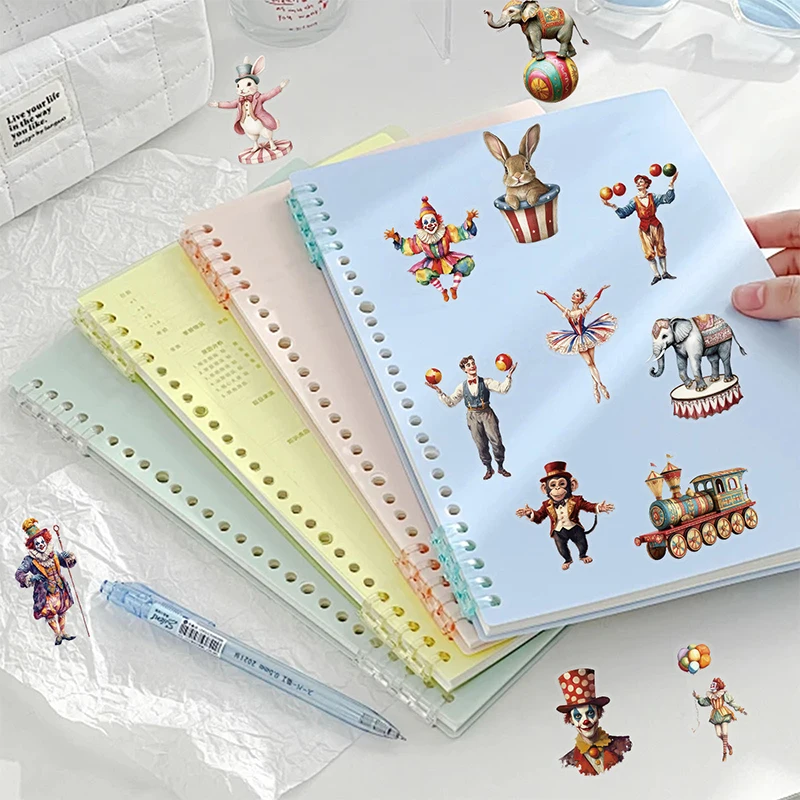 50 قطعة ملصقات السيرك خمر مهرج شفاف ، الحيوان ، خيمة ، الرجعية كرنفال السيرك ملصق مائي مقاوم للماء PET للحرف المجلية
