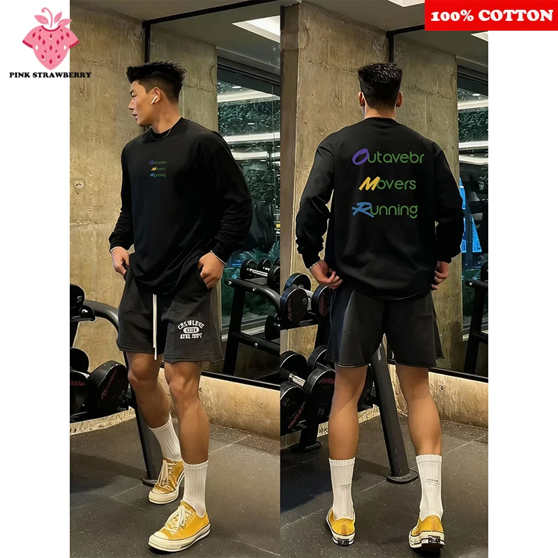 

American Street Letter Print T-shirt Men Autumn 2025 New 100% Cotton Casual Long sleeves Sports Gym T-shirt Y2k Top Men clothing