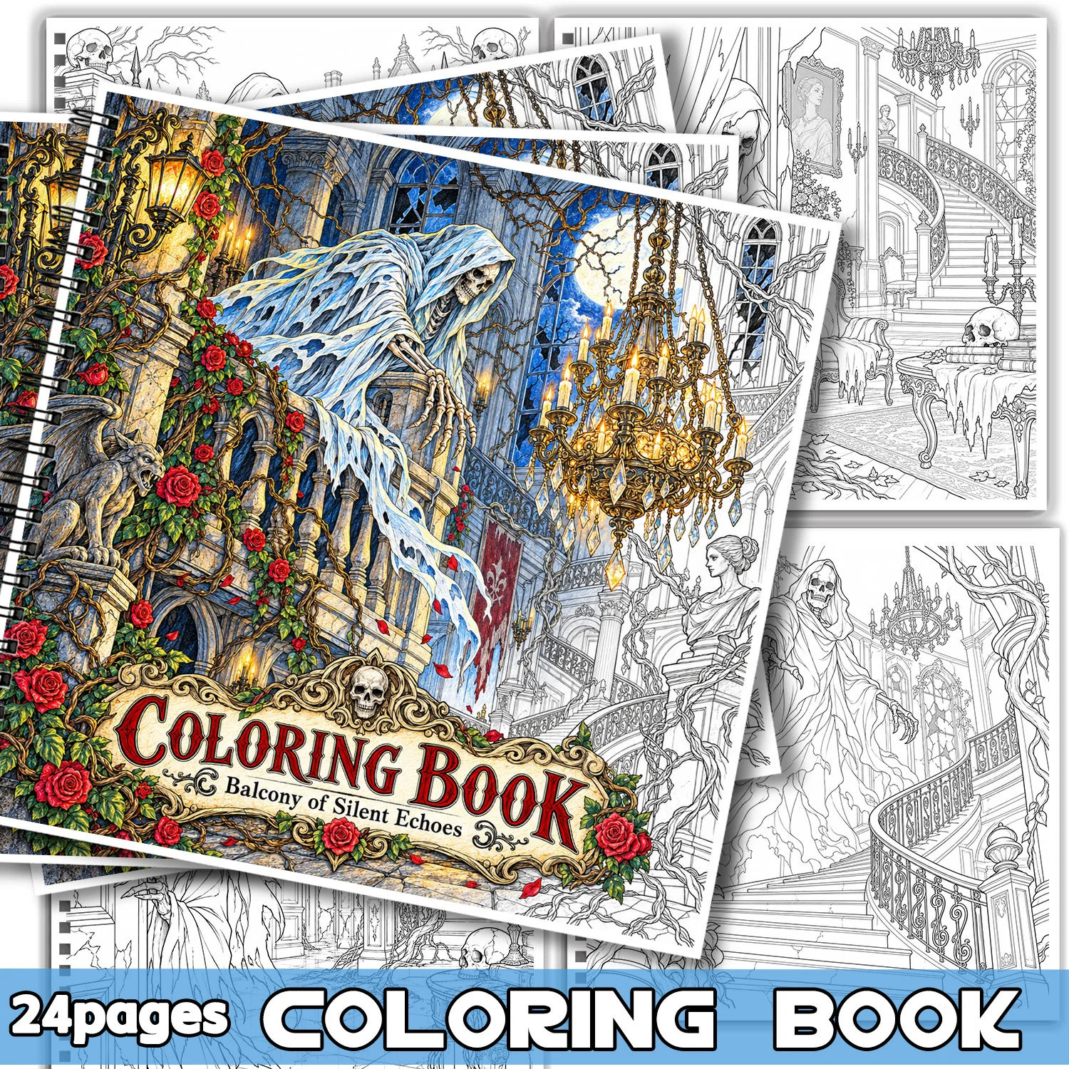 Spiral Binding Coloring Book For Adults Teens Relieving Stress Showcasing Creativity Gothic Horror Skeleton Mansion Art Design