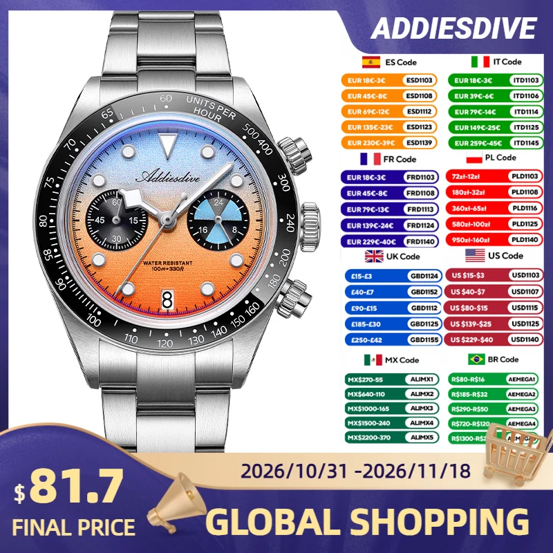 ADDIESDIVE AD2559 Luxury Men's Racing Chronograph Watch VK64 Quartz Movement Ceramic Bezel 40mm 100M Waterproof BGW9 Lume Watch