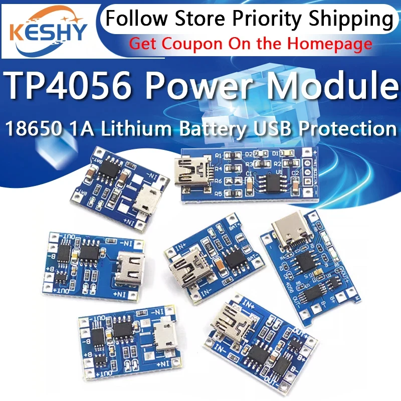 5PCS TP4056 Power Module Board 18650 1A Lithium Battery Type-c Overcurrent Protection MICRO With Protection Dual Function