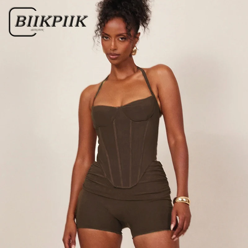 

BIIKPIIK Sexy Fishbone Corset Shorts Sets Elegant Backless Skinny Two Piece Suits Casual Vintage Halter Camisole Bottoming Suits