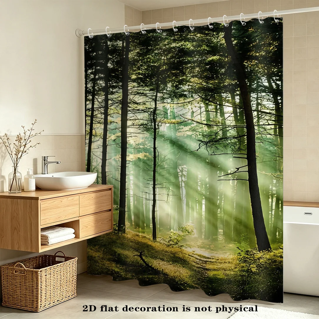 2D Flat, 2D Flat Shower Curtain, 1pc, Forest Sunshine Pattern, High-End Elegant Two-Dimensional Print, with Hooks, Multiple Size