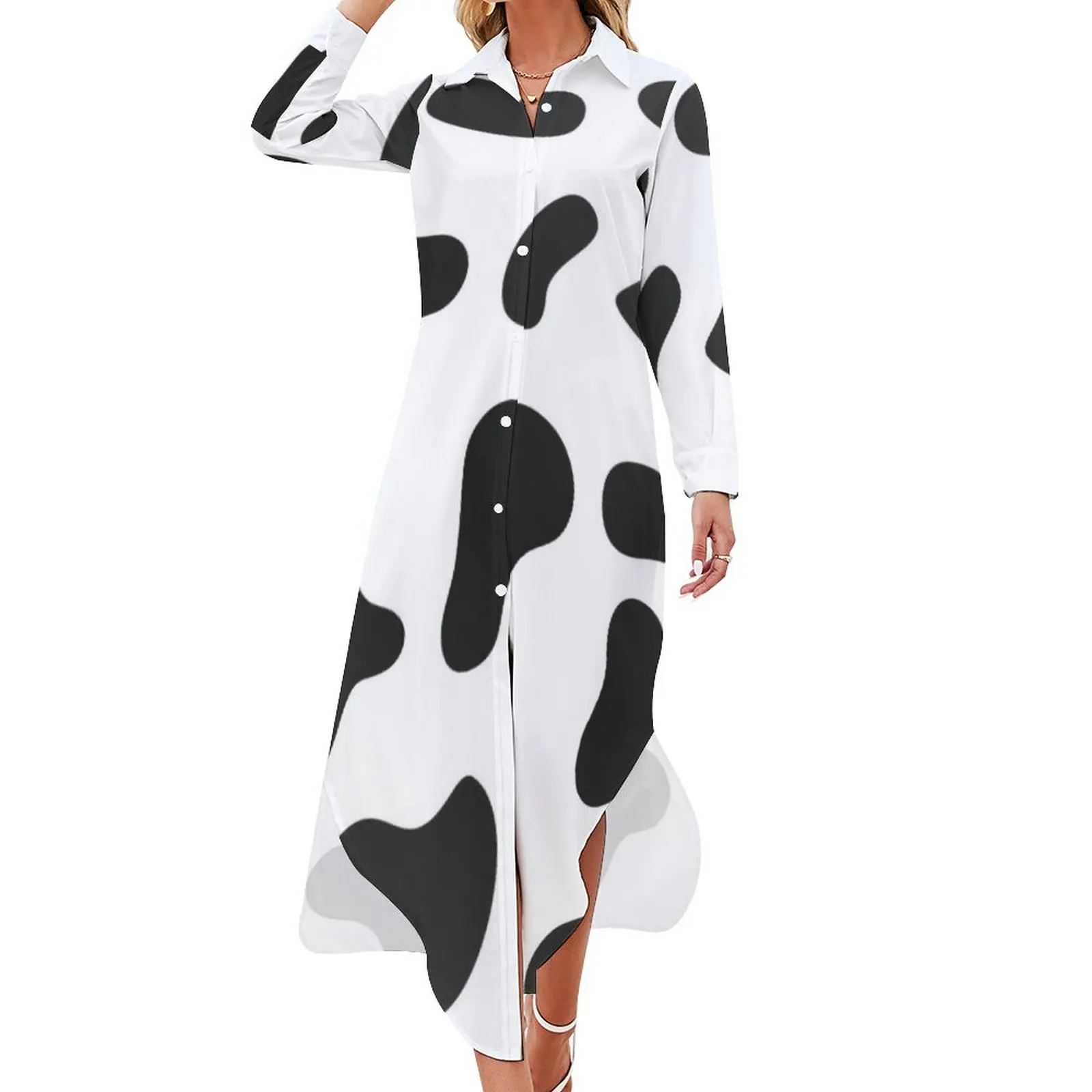 Cow Print Skin Texture Casual Dress Black White Spots Simple Dresses Long Sleeve Kawaii Chiffon Dress V Neck Printed Big Size