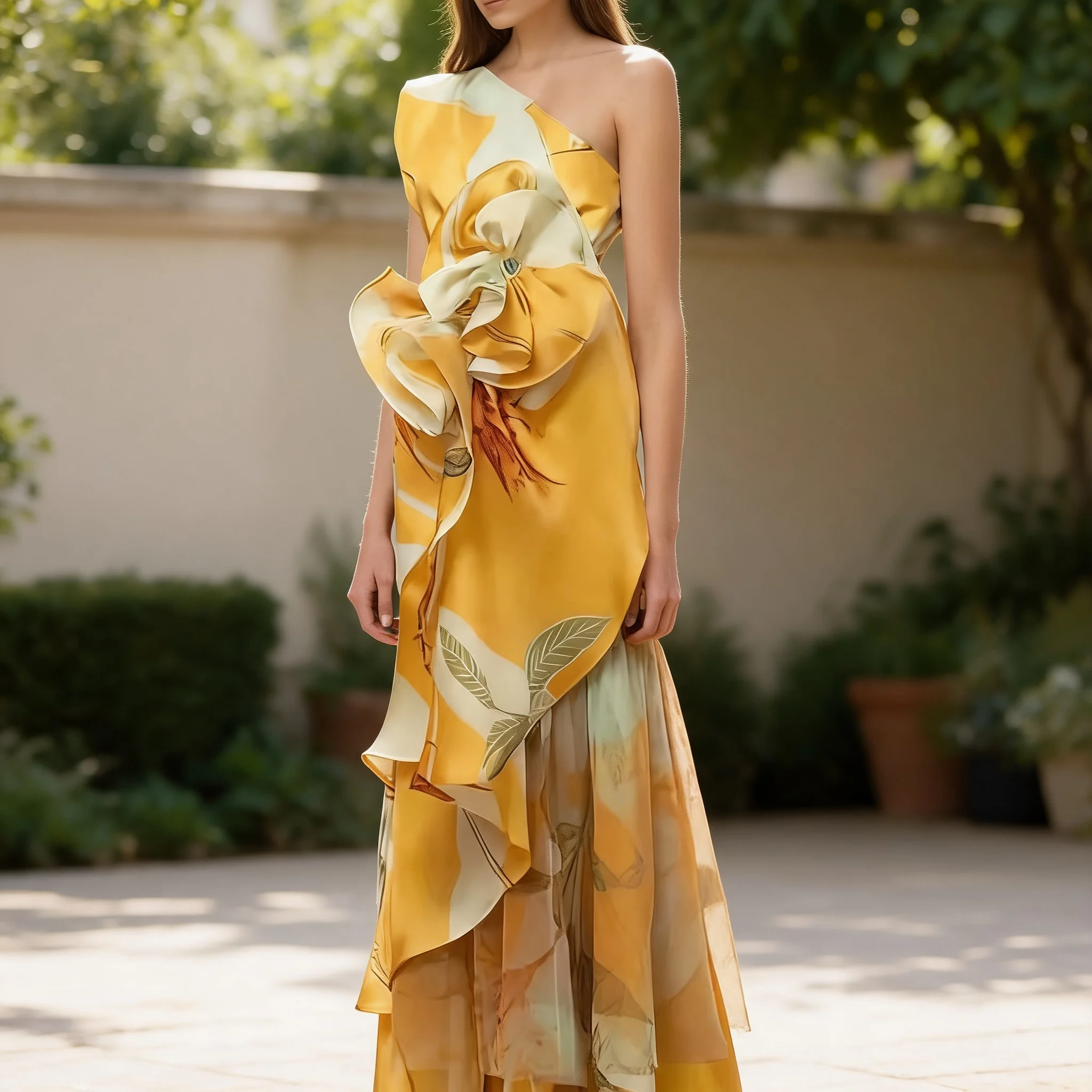 Printed Fitted Dress Midi Length with Slant Neck Off Shoulder Asymmetrical Hem French Style Mid Waist Women Summer Dress