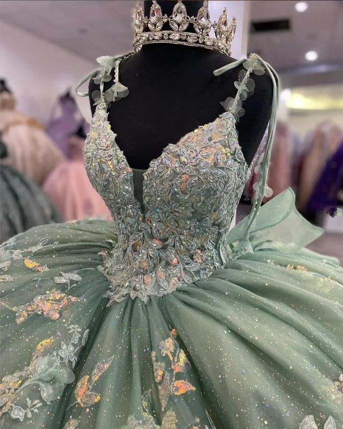 Vestidos Quinceanera verde menta, vestidos de espartilho florais com renda com apliques de luxo, 15 Quinceanera, 2024