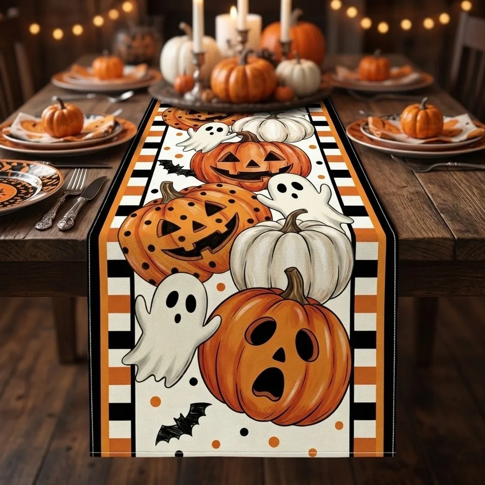 Linen Halloween Table Flag Measuring 33x183cm with Festive Pumpkin and Wight Design Perfect for Themed Dining Setup