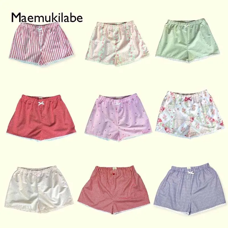 Maemukilabe Kawaii Lace Trim Shorts Y2K Print Elastic High Waist Wide Leg Boyshorts Pants 00s Retro Loungewear Pajamas Bottom