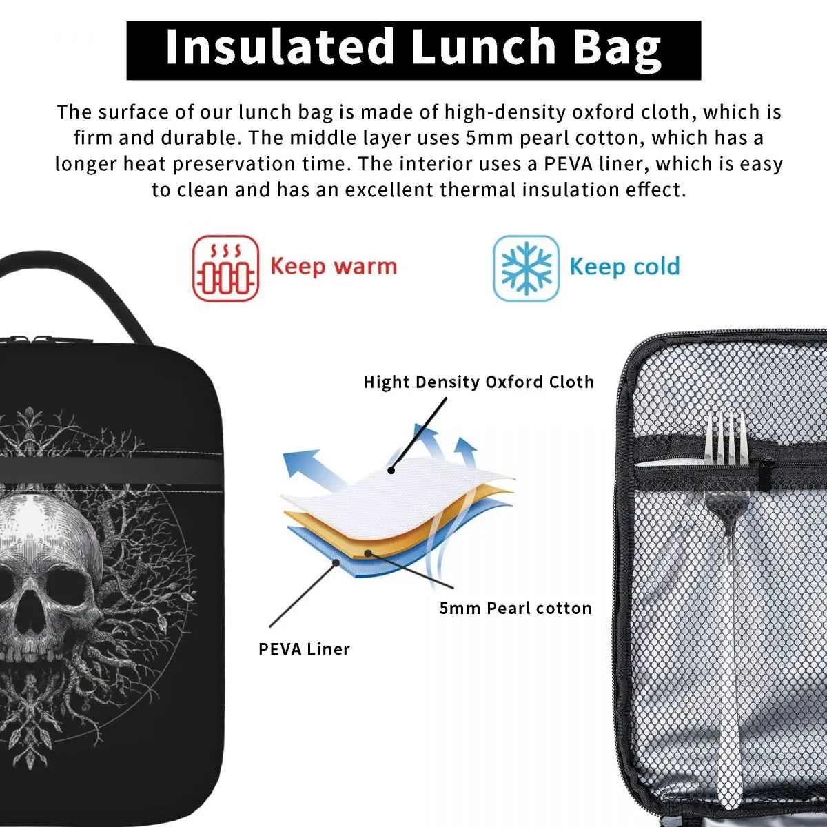 Skeleton Tree Printed Insulated Lunch Bag for Women Kids Portable Food Boxes Thermal Lunch Box Tote