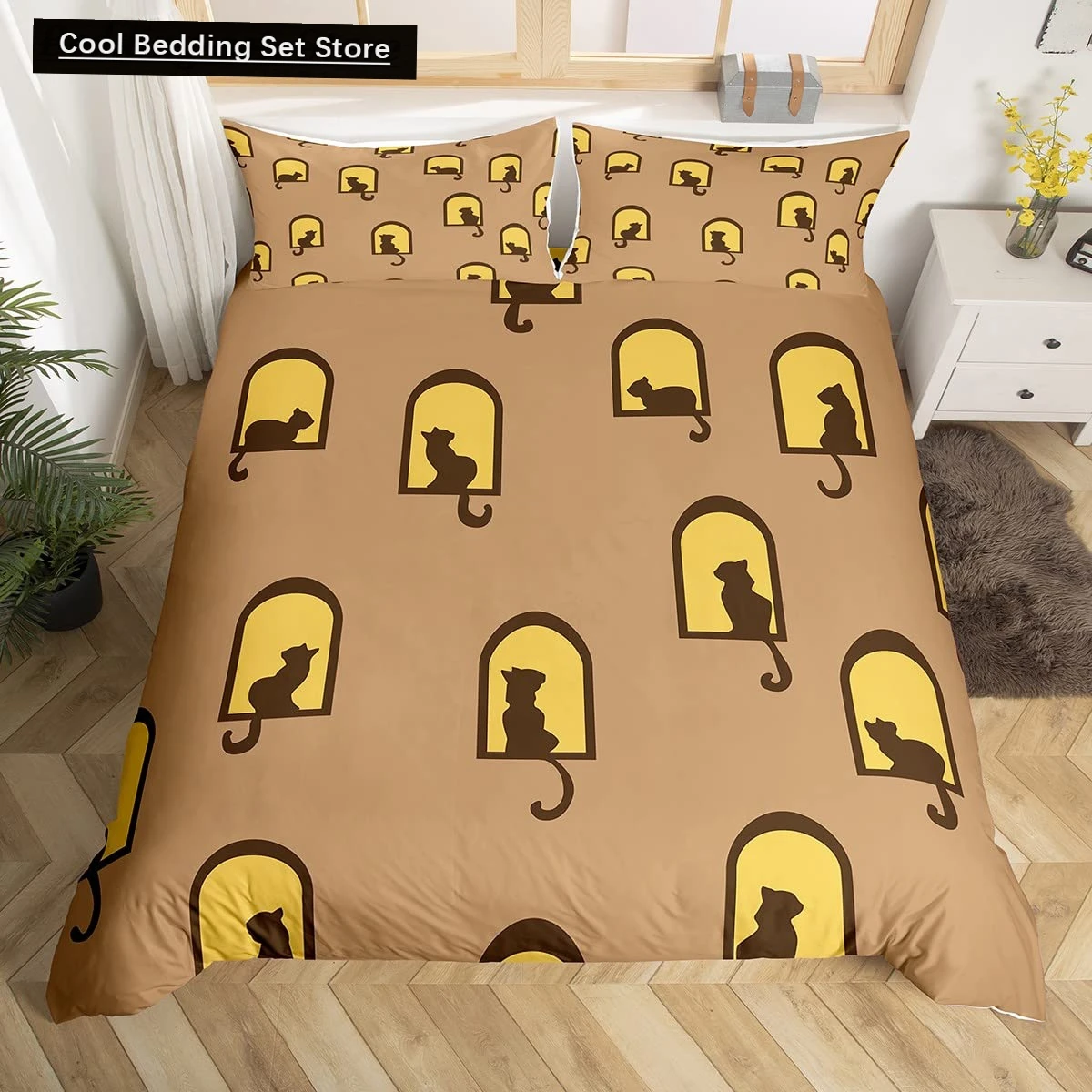 

Cat Silhouette King Queen Size Duvet Cover Abstract Animal Bedding Set Brown Geometric Art Quilt Cover Polyester Comforter Cover