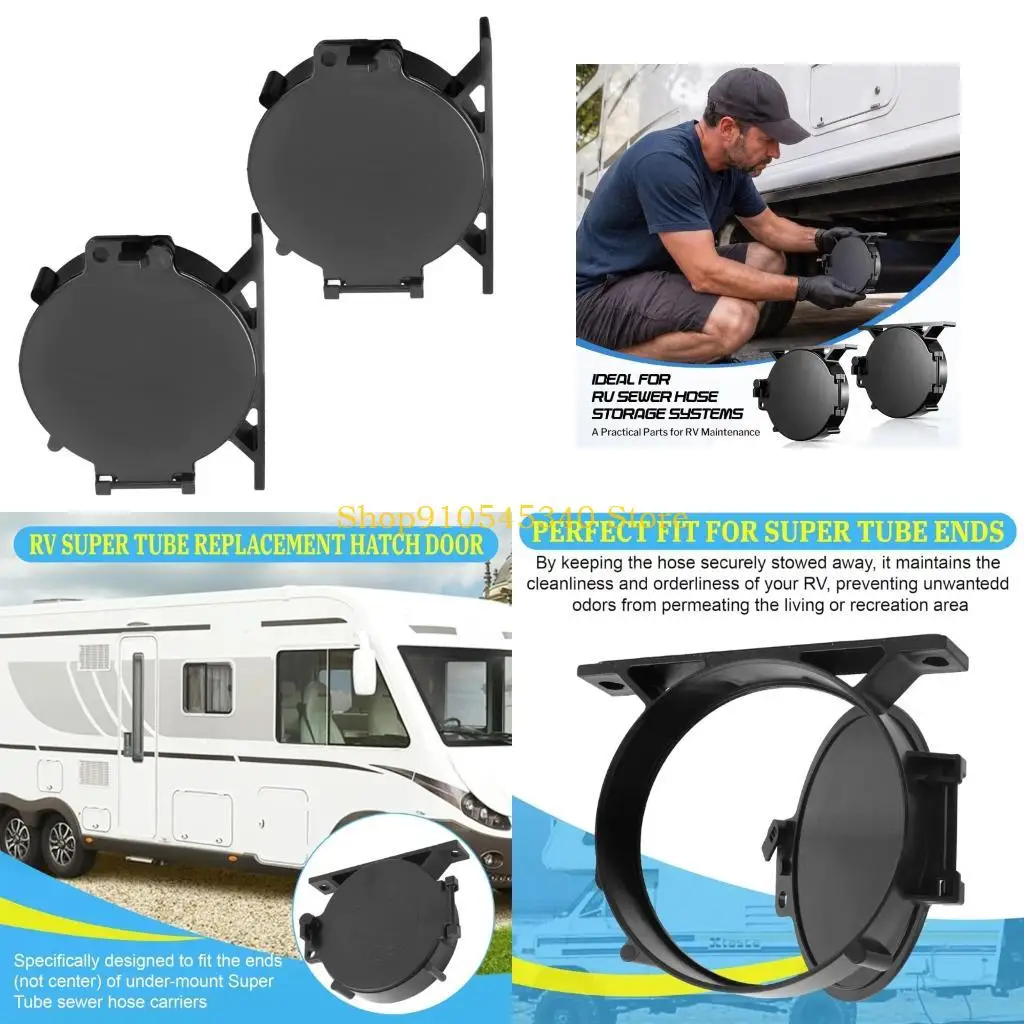 U2JA Trailer Sewer Hose Storage Door Replacement, Round Black ABS Access Door with Bracket and Closure Points, 2 Pack for