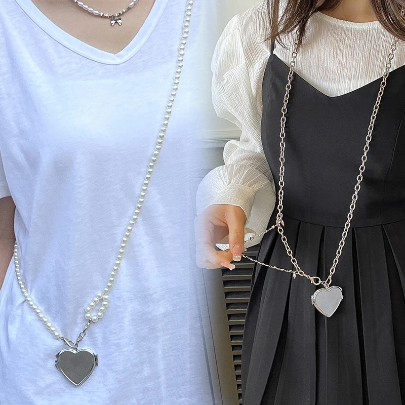 Ins Pearl Crossbody Shoulder Bag Chain Long Necklace W/Heart Mirror Pendant Pearl Shoudler Chain Personality Collares Jewelry