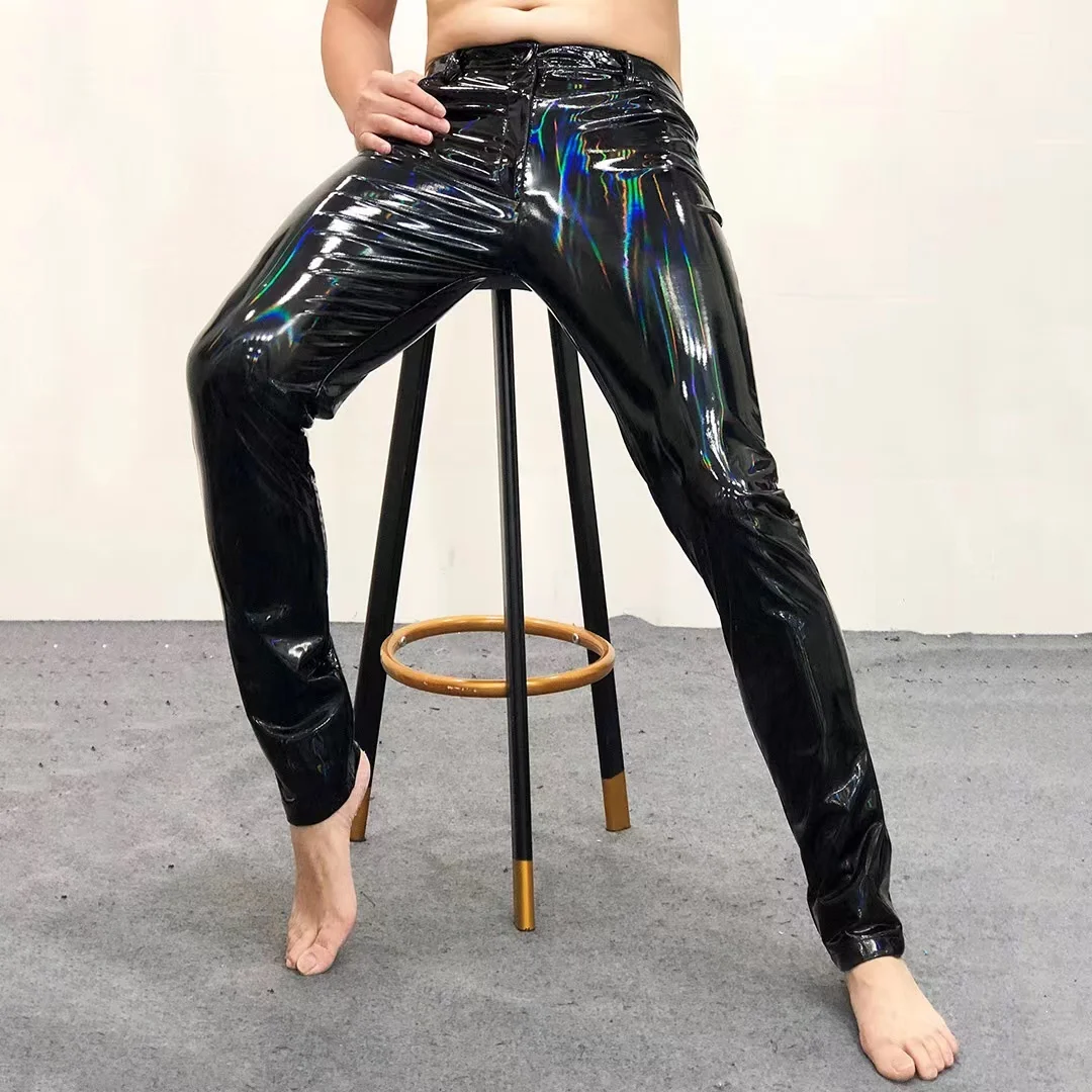 New Colorful Mirror Tight Elastic Leather Pant Men Large Nightclub Versatile Performance Clothes Soft Patent Leather Smooth Sexy