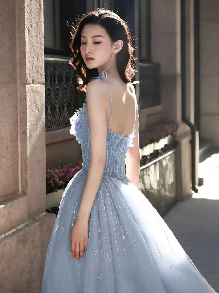 Summer Women's Blue Evening Dress Spaghetti Strap Sequin Lace Shoulder Clip Formal Dresses Shiny Blingbling Dream Ball Gown