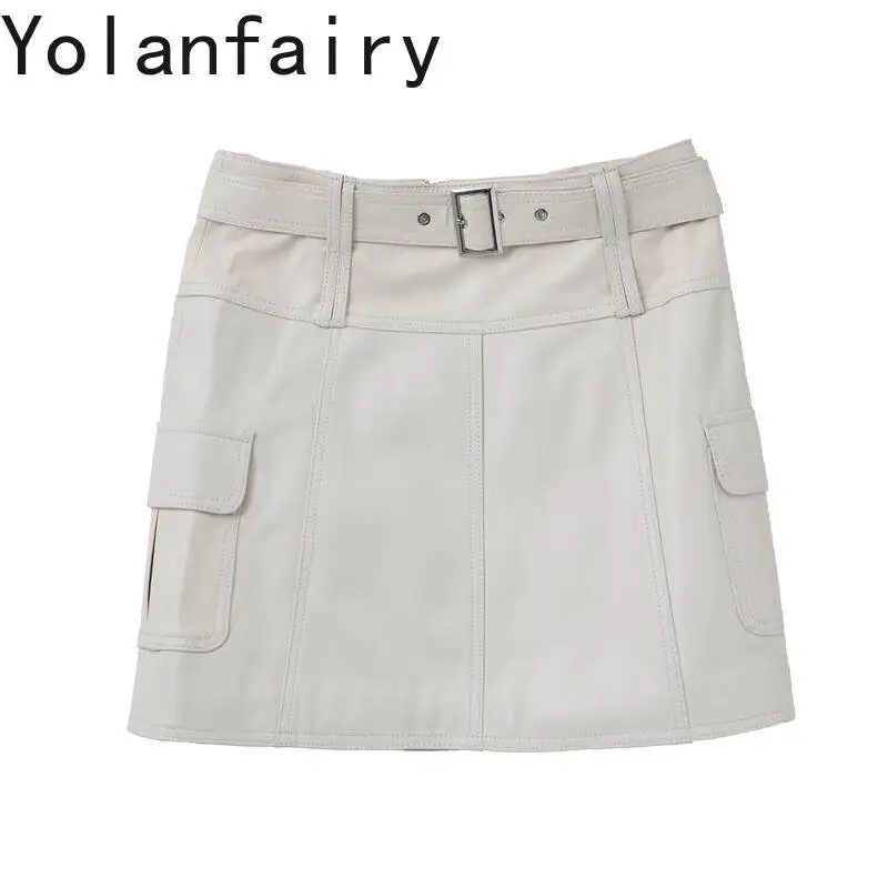 YOLANFAIRY Genuine Sheepskin Cargo Skirt Women 2026 Autumn White High Waist A Line Midi Skirts Real Leather Versatile Half Skirt