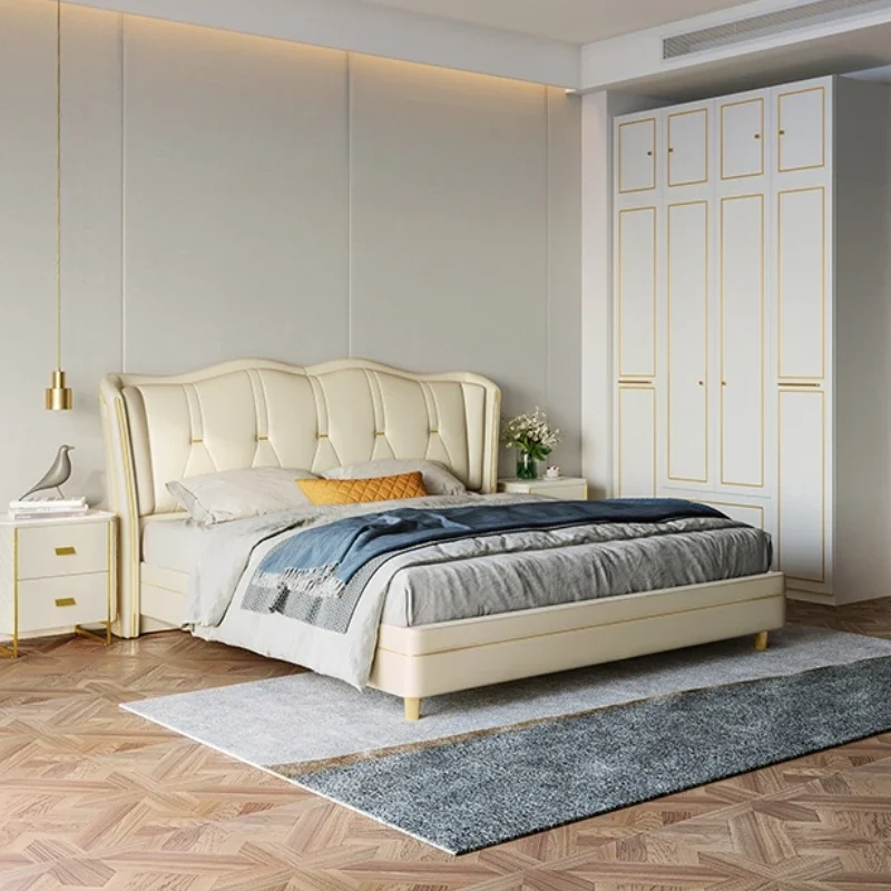 Design Leather Luxury Double Bed Modern Soft Princess Queen Loft Bed Frames Adults Lit 2 Personnes Furniture For Bedroom