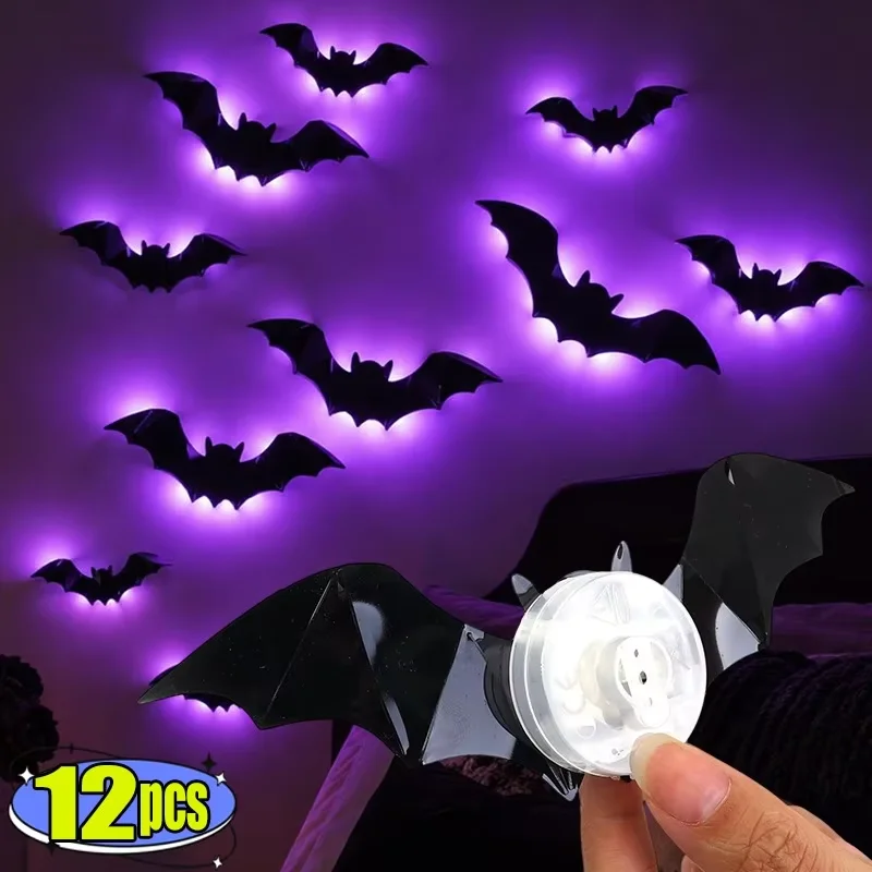 New Purple LED Light Up Bat Wall Stickers 3D Halloween Decorations Glow in Dark Self Adhesive PVC Window Store Party Display