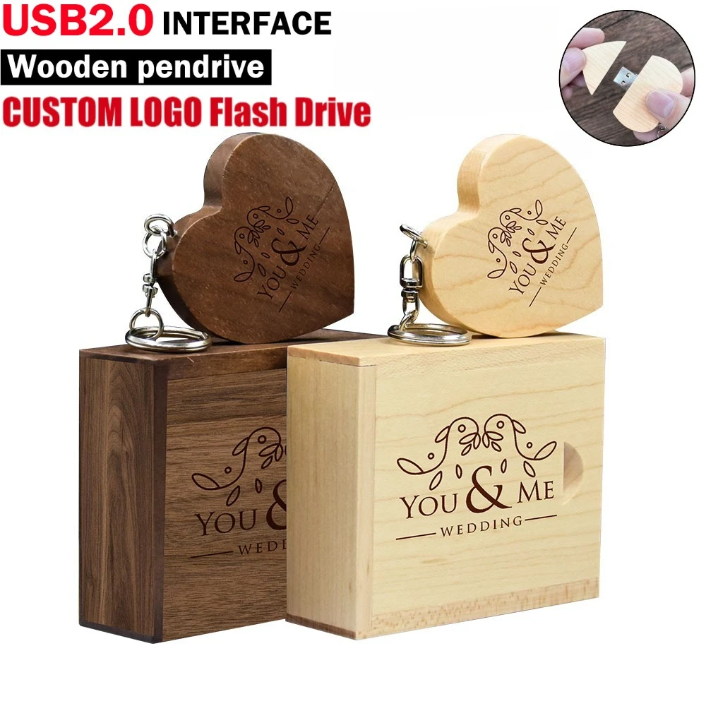 Flashdisk Kayu Walnut Bentuk Hati + Kotak Hadiah, Logo Custom Gratis, Pendrive Kreatif 8GB 16GB 32GB 64GB Memory Stick U Disk 2.0