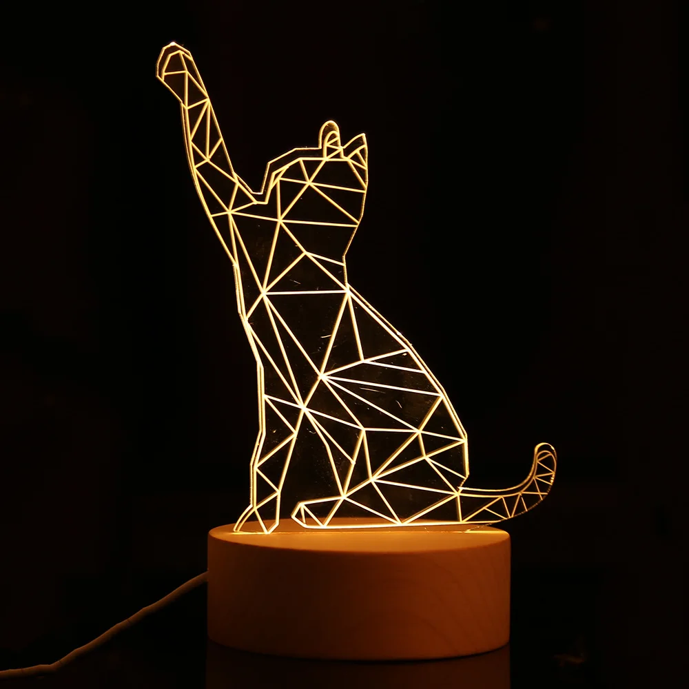 3d Cat Led Night Light Usb Charging Animal Shape Indoor Decoration Lamp Kids Night Lamps With Wooden Base For Room Indoor Light