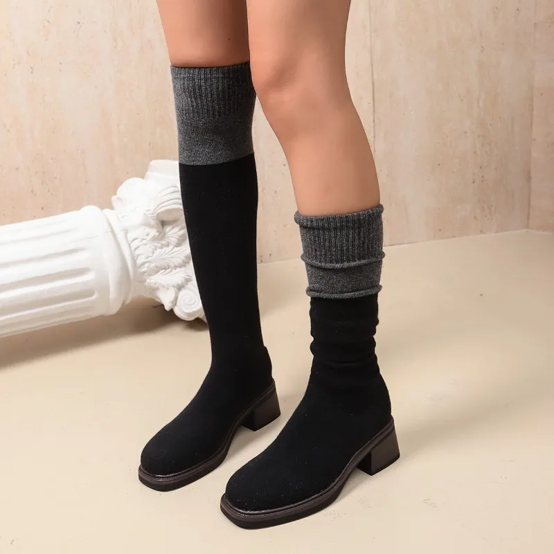 Knee Over Elastic Boots for Women in Spring and Autumn, Versatile and Slimming Shoes with Thick Heels