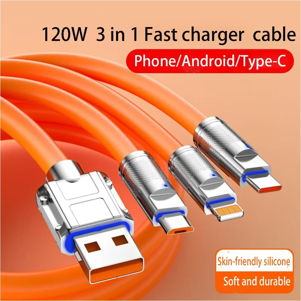 3 W 1 kabel USB 6A 120W kabel USB do szybkiego ładowania dla Iphone Samsung Huawei Xiaomi Multi Port przewód do ładowania wielokrotnego