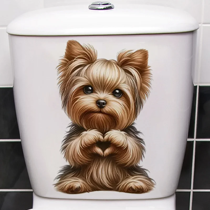 1 piece of cute Yorkshire Terrier toilet sticker - self-adhesive bathroom decoration with heart-shaped gesture design, fun and c