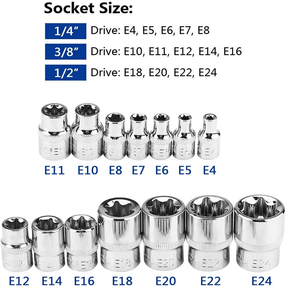 Torx Socket Set Tamper Proof Torx Star Bit Torq Torque Female E-socket Set E4-E24 1/4\