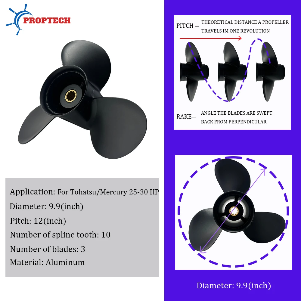 Aluminum Alloy Propeller for Tohatsu Nissan Mercury Outboard 9.9x12 Inch 3 Blade 10 Spline Fits 25 HP 30 HP Boat Motors