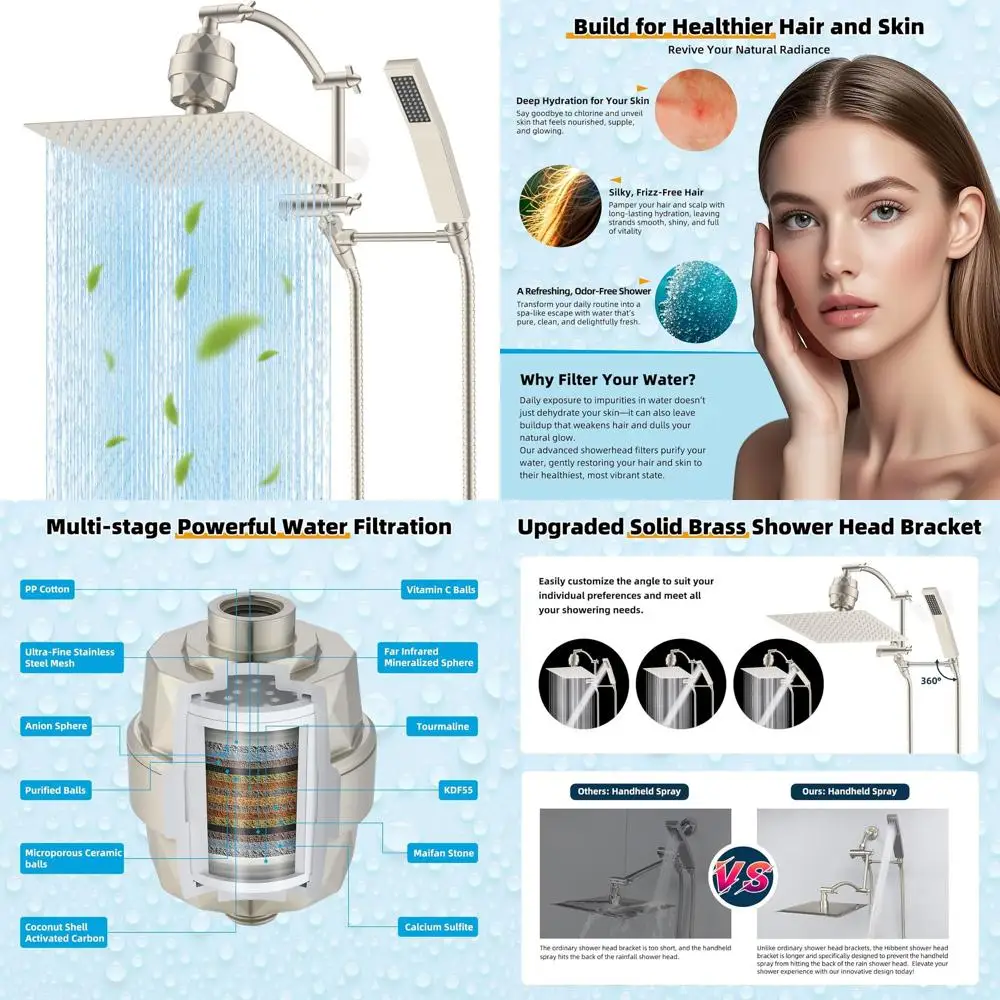 12 Rainfall Shower with Handheld, High-Pressure Wand, 16 Extension Arm, 20-Stage Filter, 71 Hose, Holder, Brushed Nickel