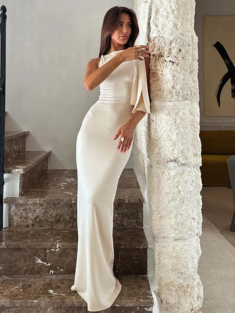 JULISSA MO Sexy Off Shoulder Bandage Women Long Dress Apricot Sleeveless Evening Dress Female Autumn Slim Elegant Party Clubwear