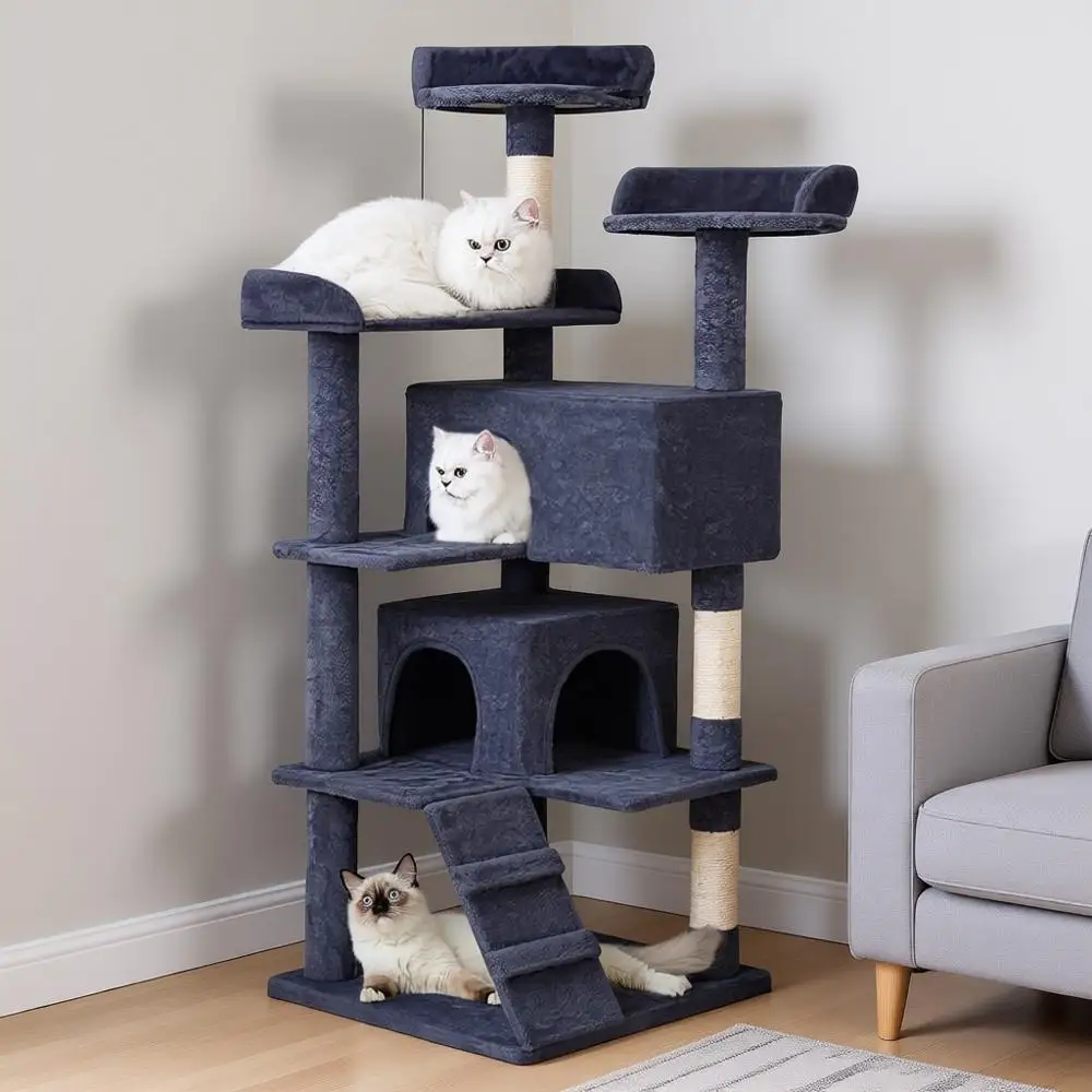

Cat Tree Tower 56in Indoor Multi-Level Cat Tree with 2 Condo Furniture Activity Center Scratching Posts Toys Pet Play House, Gre