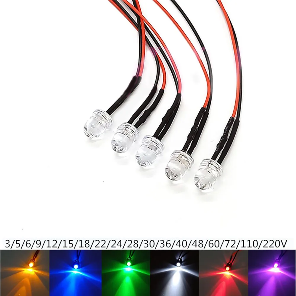 10 sztuk 10mm wstępnie przewodowy Ultra jasny diody LED diody świecące z rezystancją żarówki LED 3V 5V6V9V 12V 24V 36V 48V 60V 110V 220V