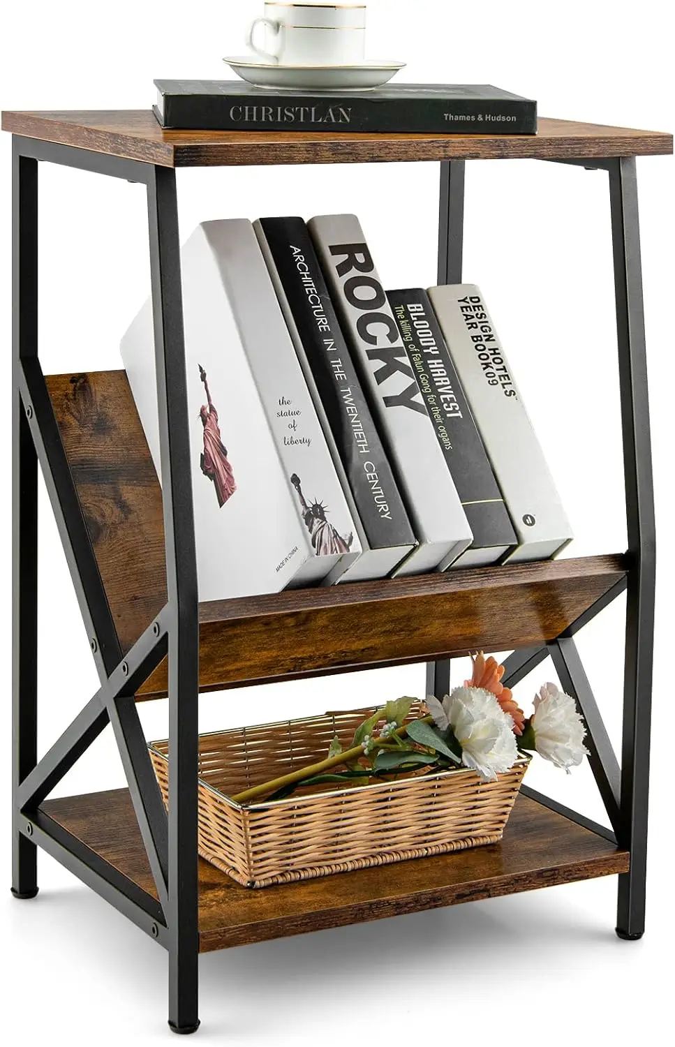 

Side End Table, 3 Tier Record Player Stand W/Vinyl Record Storage Shelf, Industrial Nightstand Accent Table W/Metal X Shaped