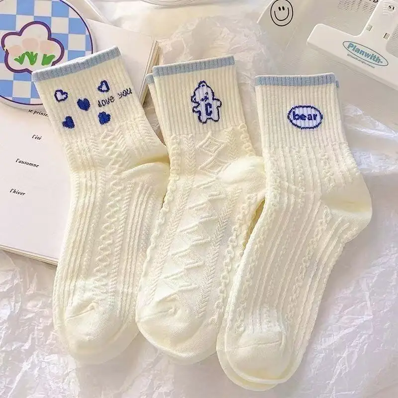 5 Pairs Women's Mid Calf Socks Polyester Jacquard Bear Love Heart Sun Blue Ribbed Crew Socks Cream White Cute Knit Socks view 3