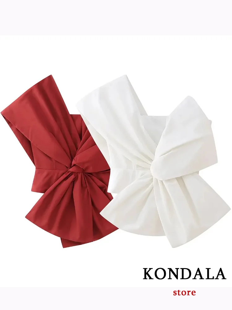 KONDALA Sexy Chic Red Women Solid Tops Sleeveless Asymmetrical Single Rotator Cuff Tops New Fashion 2024 Evening Club Blouses