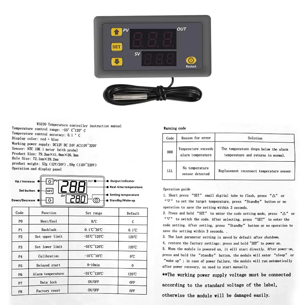 W3230 DC12V/24V خط التحقيق التحكم الرقمي في درجة الحرارة LED عرض ترموستات مع أداة التحكم في الحرارة/التبريد