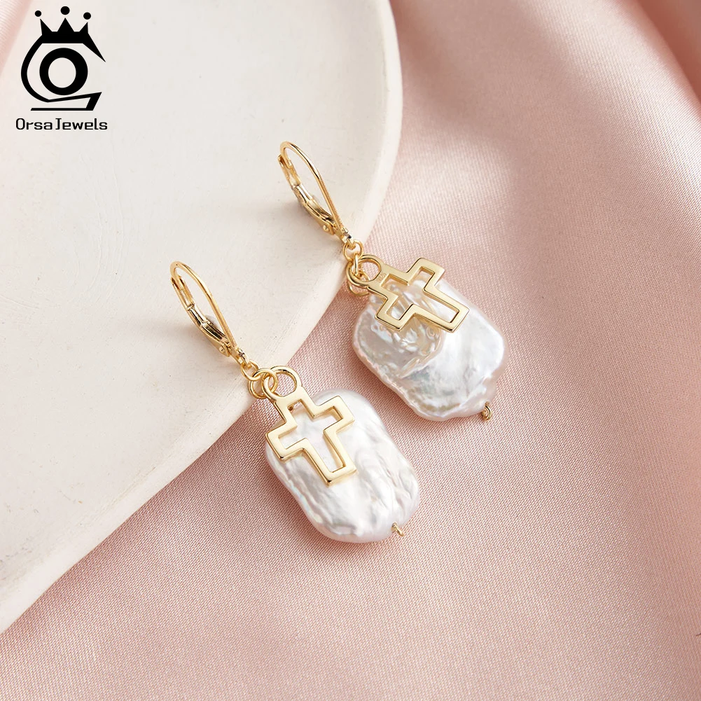 ORSA JEWELS 925 Sterling Silver Natural Freshwater Baroque White Pearl Dangle Earrings With Hollow Cross Ornament Jewelry GPE109