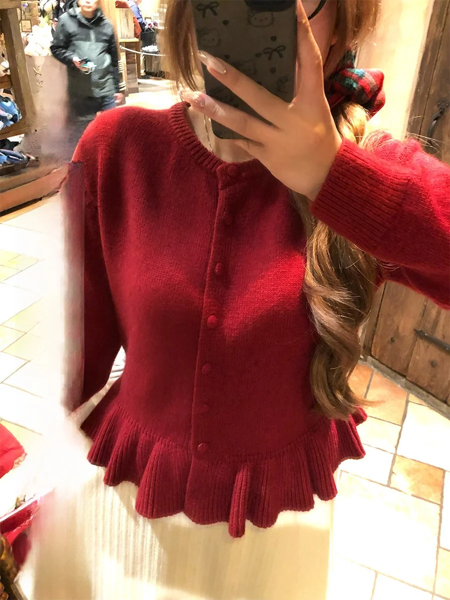 

Sweet Sle Anne Sweater Women's plus Size Knitted Coat round Ne Ruffle Hem Waist Cinched Long Sve Soft Fabric Coat