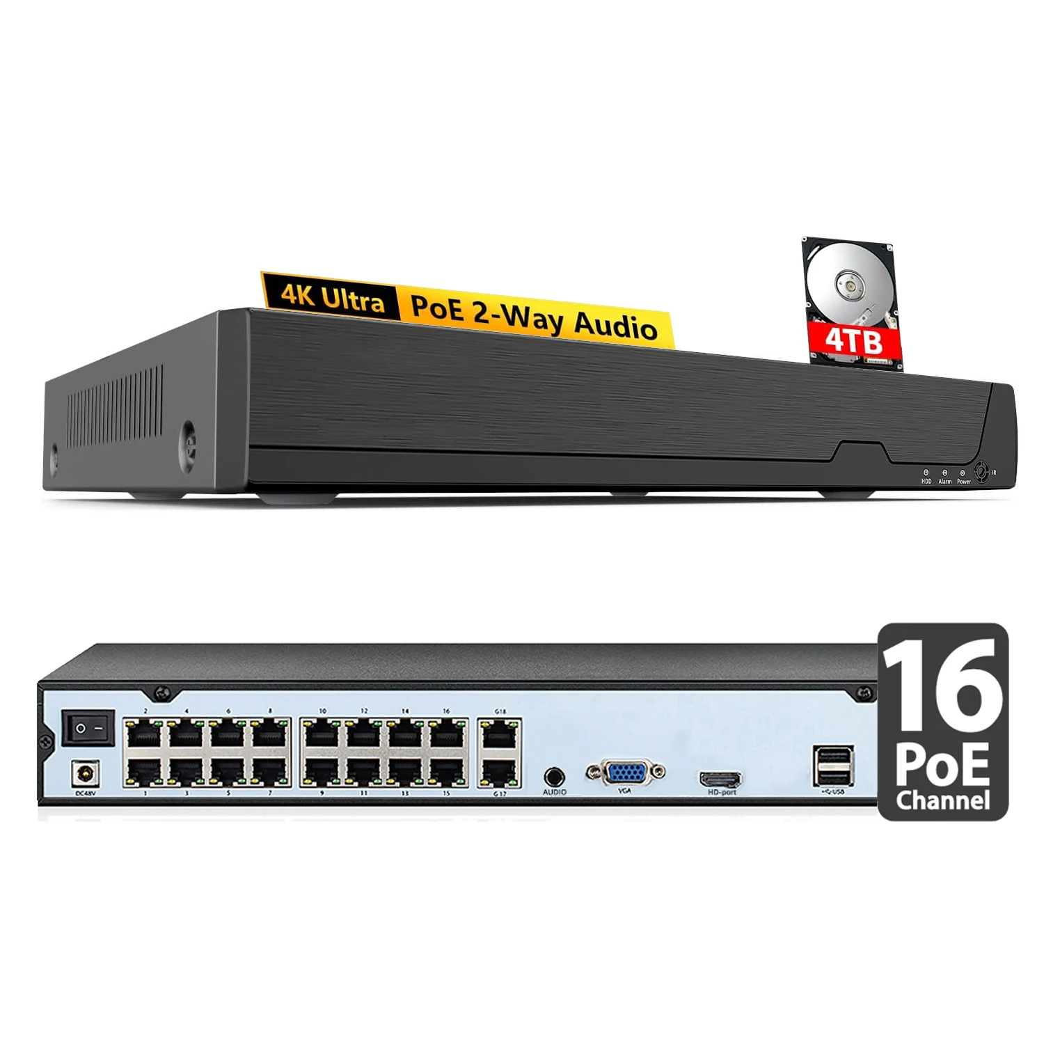 مسجل فيديو شبكي 8.0/4K ميجابيكسل 16 قناة POE NVR، يدعم كاميرات IP حتى 16 × 8 ميجابكسل/4K، محرك الأقراص الصلبة بحد أقصى إلى 14 تيرابايت