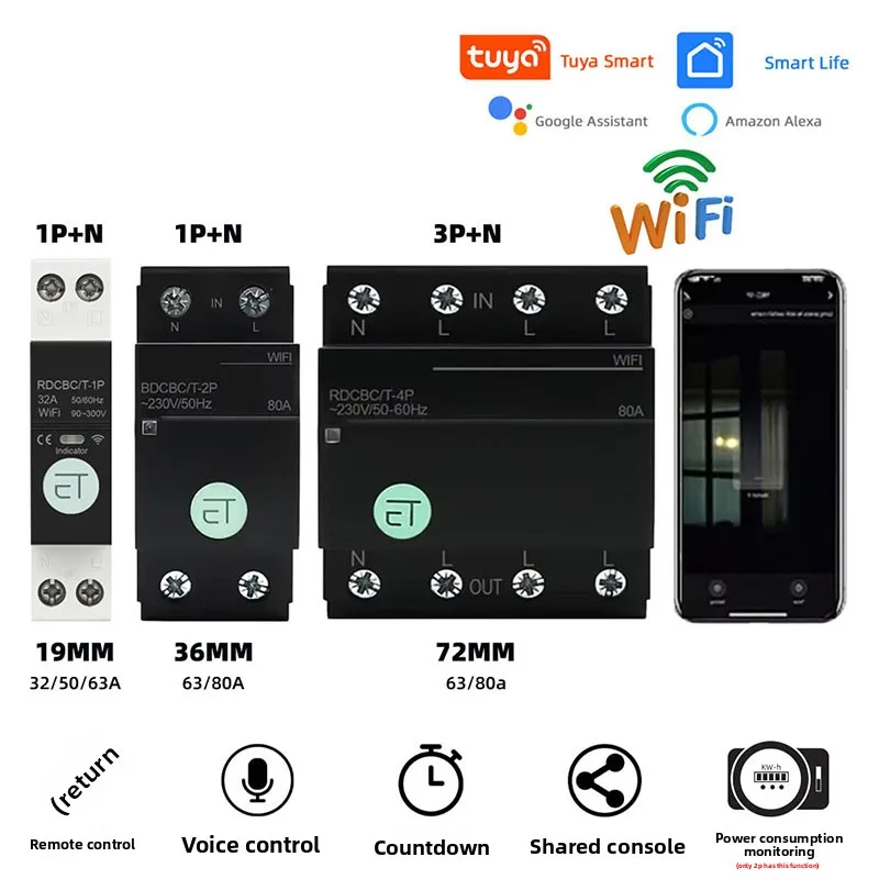 قاطع دائرة WIFI ثلاثي الطور، مؤقت الوقت الذكي، مفتاح التحكم عن بعد الصوتي بواسطة Tuya App Smart House Alexa Google Home
