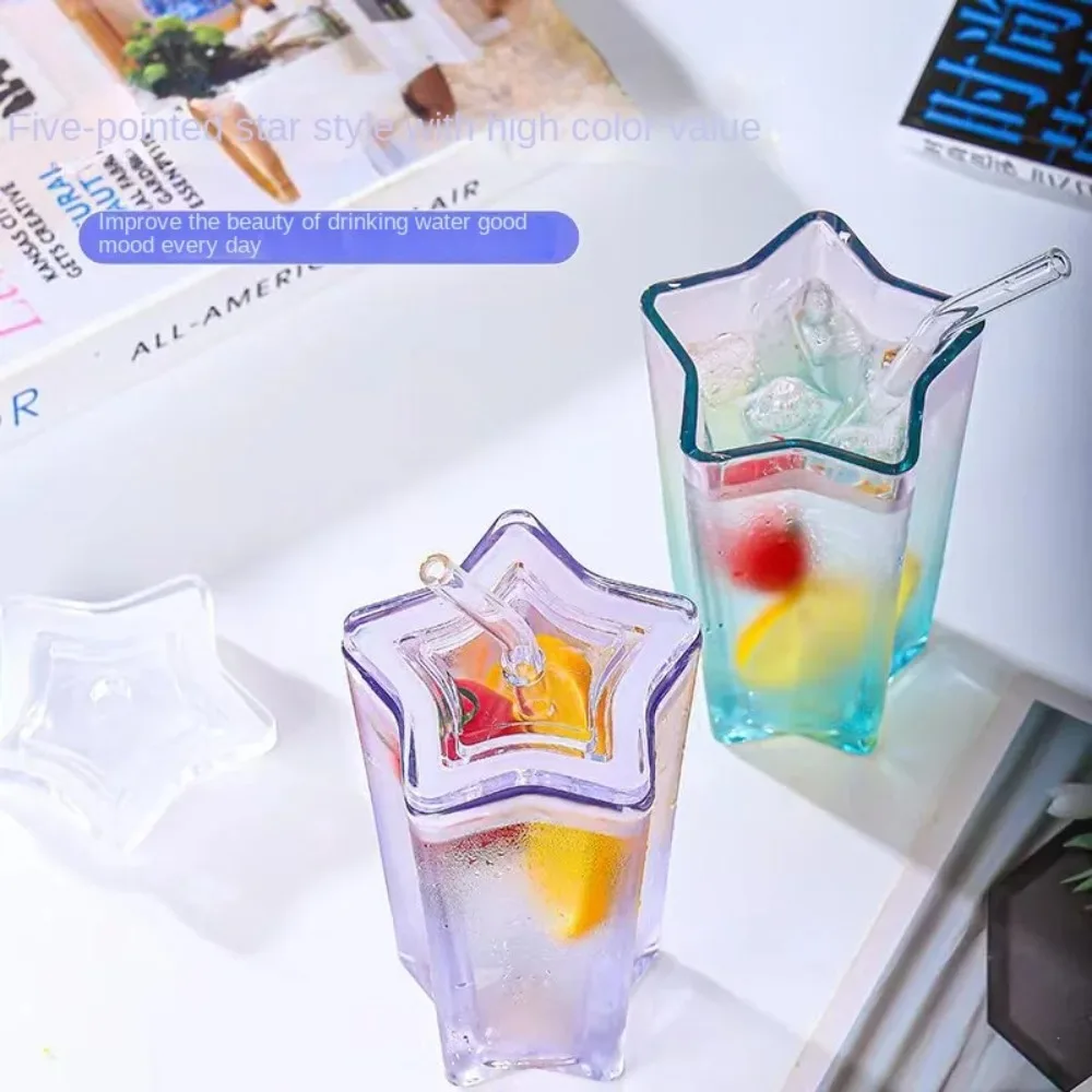 Good-looking Cup with Straw Five-Pointed Star Glass Cup Color Gradient Cup Cold Drink Cups Coffee Cups with Lid Drinking Cups