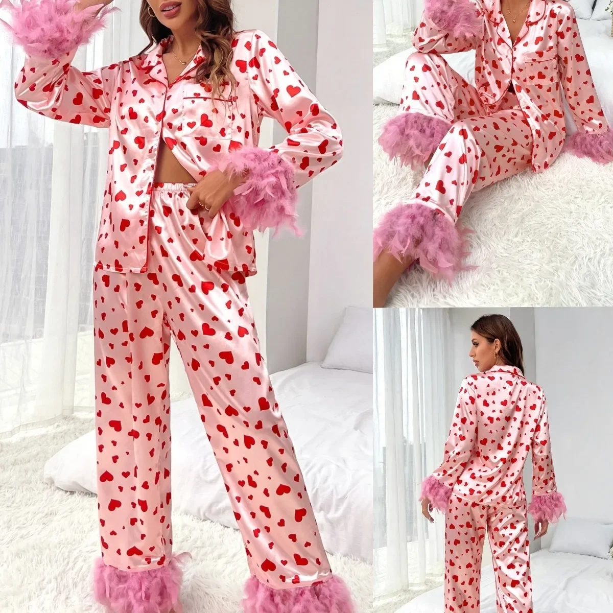 Women's Love Print Pajamas Sets, Ladies' Sleepwear, Long Sleeve Shirt, Pants, Casual Homewear, Valentine's Day, Spring