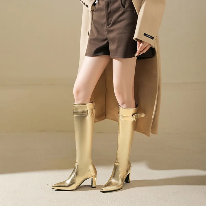 Gold Sliver Women's Knee High Boots Pointed Toe Block Heel Zipper Belt Buckle Jazz Nightclub Dance Shoes Sexy Party Long Botas