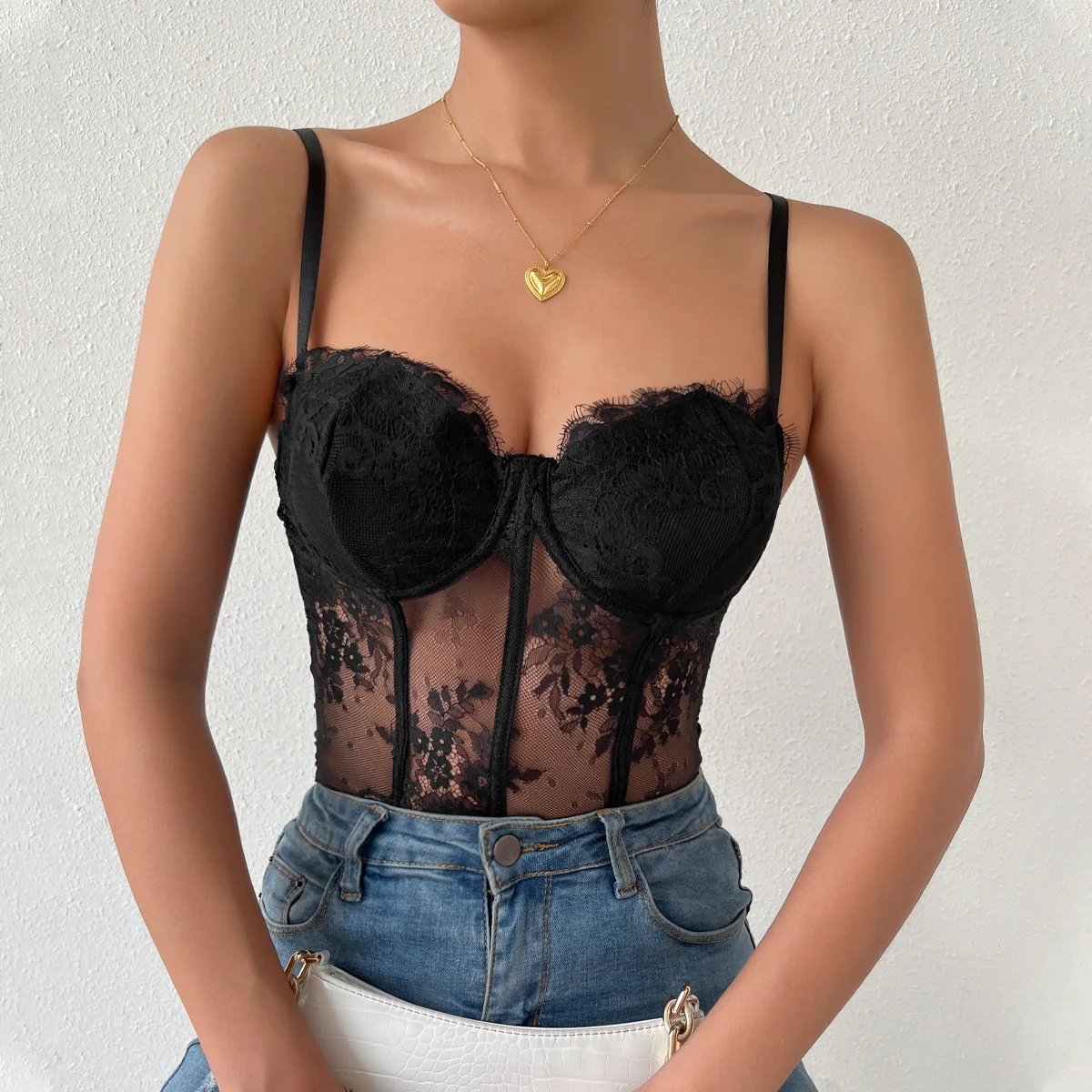 2024 Women's New Semi Transparent  Spice Girl Sexy Black Eyelash Lace See-through Fishbone Slimming Halter Vest Bustier Camisole