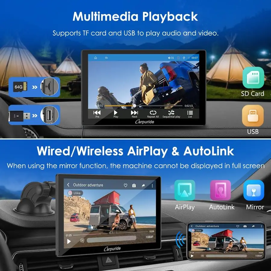 شاشة تشغيل السيارة مقاس 9 بوصة من CARPURIDE للسيارة، متوافقة مع Apple CarPlay السلكية اللاسلكية، Android Auto وMirror Link Bluetooth A
