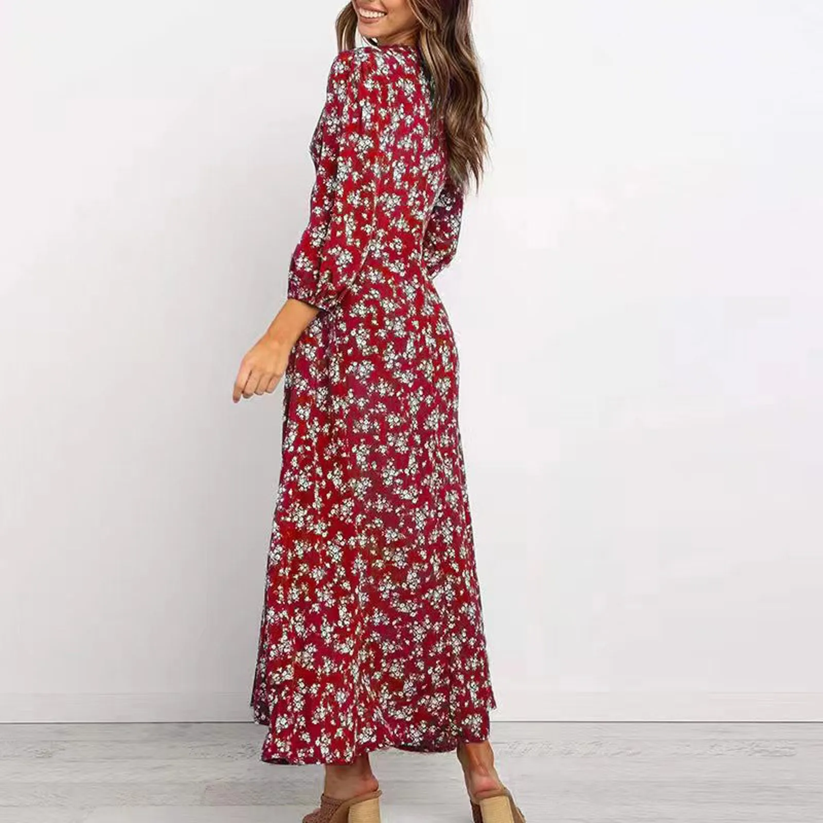 Abiti lunghi floreali bohémien a maniche lunghe da donna Abiti larghi casual a vita alta Boho stampato Maxi abito da spiaggia Robes Longues Lady 2024