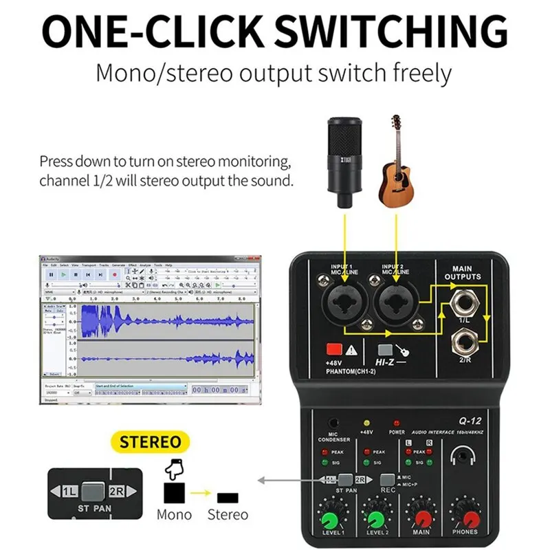 Q-12 kartu suara Mixer portabel, kartu suara Mixer portabel profesional dengan Monitor gitar listrik rekaman siaran langsung untuk Studio bernyanyi komputer PC